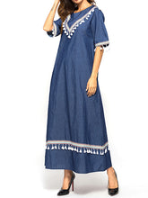 Load image into Gallery viewer, Women&#39;S Casual Lace Fringed Collage Middle Sleeve Denim Dress