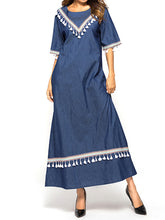 Load image into Gallery viewer, Women&#39;S Casual Lace Fringed Collage Middle Sleeve Denim Dress