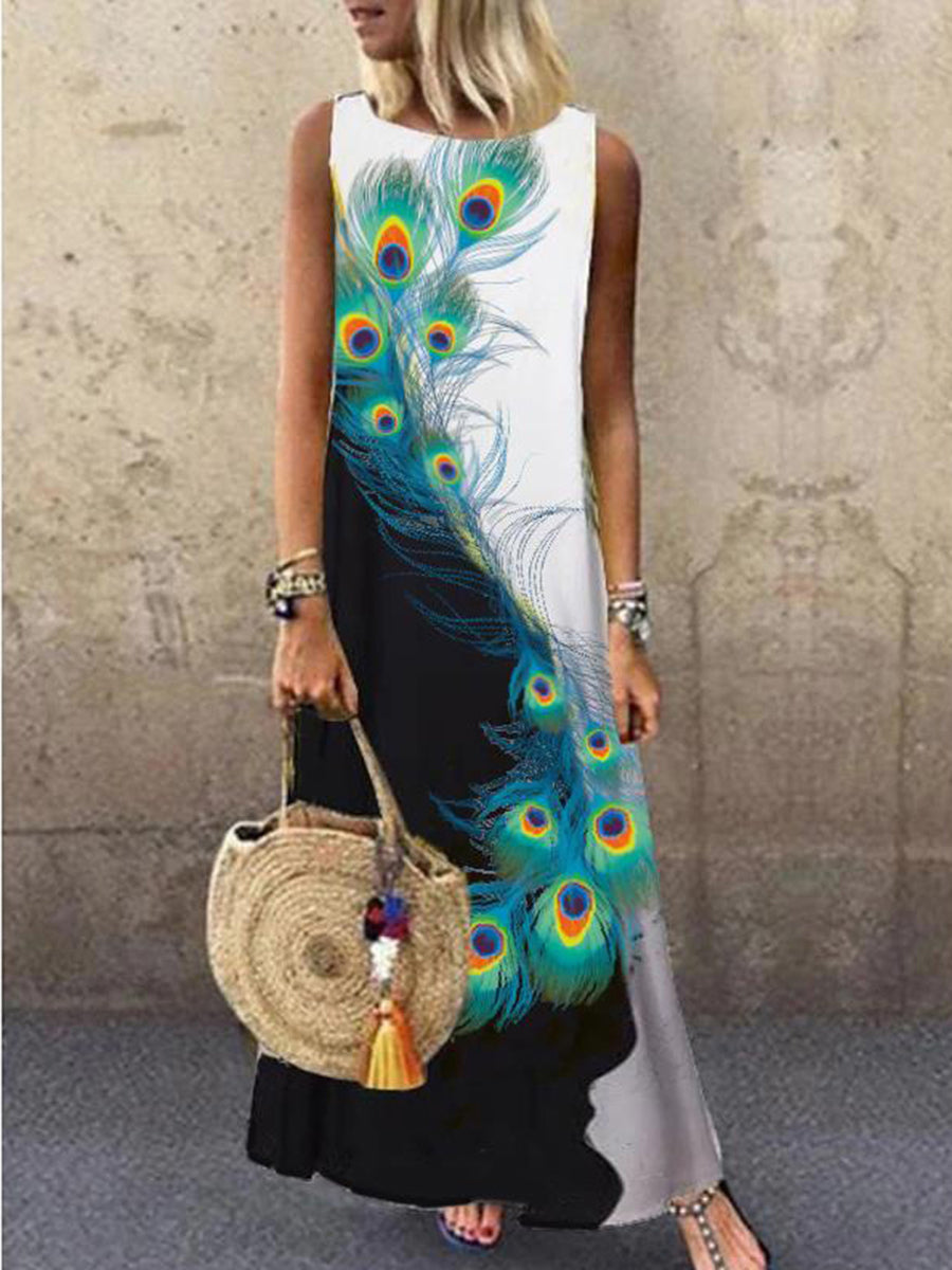 Women Bohemian Sleeveless Peacock Feather Print Maxi Dress