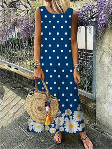 Women Bohemian Sleeveless Daisy Polka Dot Maxi Dress