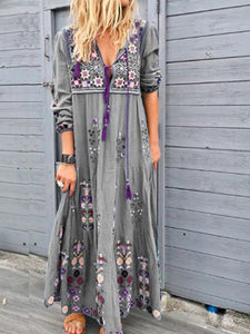 Printed Flower Stitching Fashion Drawstring Long Sleeve Dress