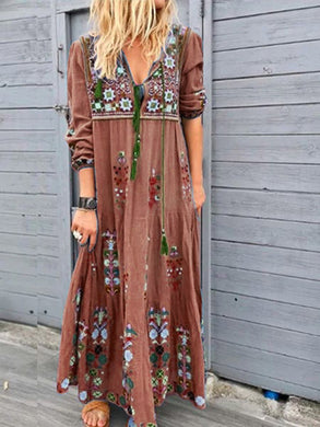 Printed Flower Stitching Fashion Drawstring Long Sleeve Dress