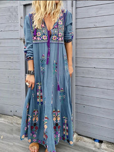 Printed Flower Stitching Fashion Drawstring Long Sleeve Dress