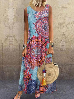 Women Printed Round Neck Sleeveless Maxi Dress