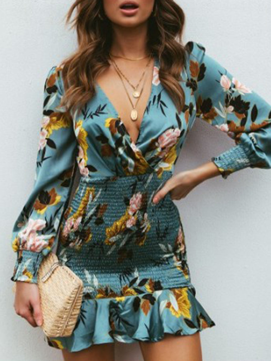 Fashion Printed V-Neck Elastic Waist Casual Dress