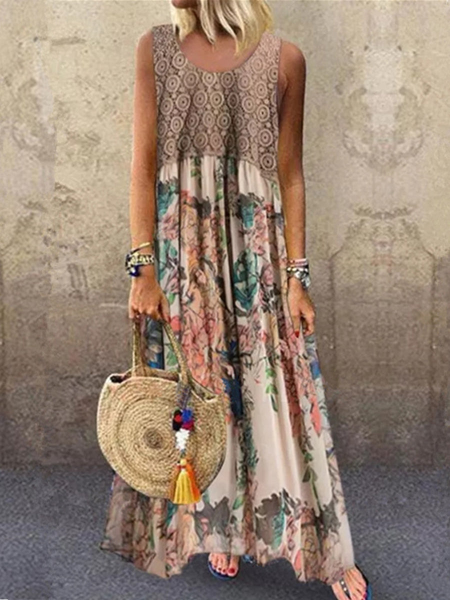 Women Floral Round Neck Sleeveless Stitching Maxi Dress