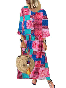 Retro Style Cotton And Linen Print Women'S Dress