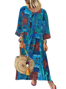 Retro Style Cotton And Linen Print Women'S Dress