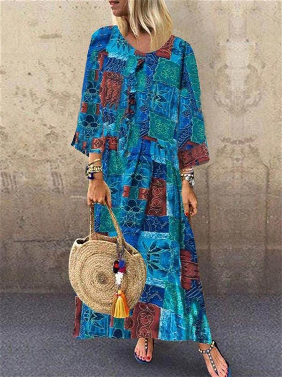 Retro Style Cotton And Linen Print Women'S Dress