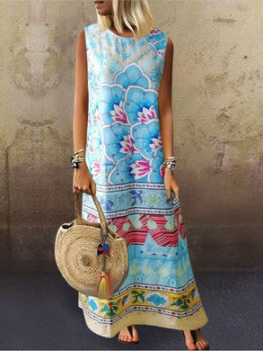 Women Retro Print Sleeveless Maxi Dress