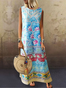 Women Retro Print Sleeveless Maxi Dress