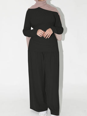 Lace-Up Top, Wide-Leg Pants And Trousers Knit Suit