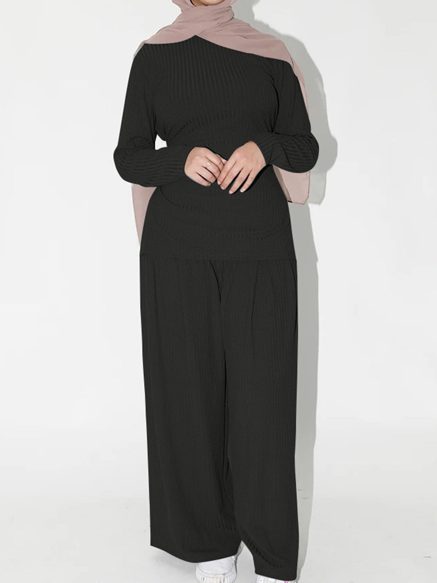 Lace-Up Top, Wide-Leg Pants And Trousers Knit Suit