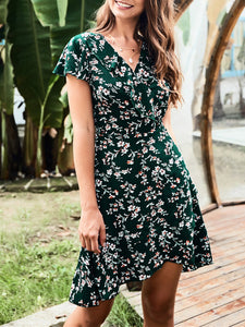 Short Sleeve Ruffled V-Neck Print Dress