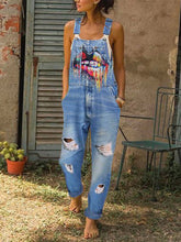 Load image into Gallery viewer, Denim Overalls Teeth Print Suspenders Casual Jumpsuit