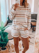 Load image into Gallery viewer, Casual Striped Printed Long-sleeved Loose Top Shorts Two-piece Suit