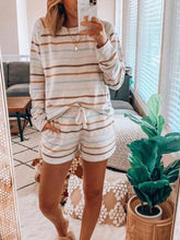 Load image into Gallery viewer, Casual Striped Printed Long-sleeved Loose Top Shorts Two-piece Suit