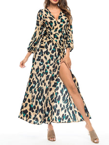 Women'S V-Neck Leopard Print Lace-Up Dress