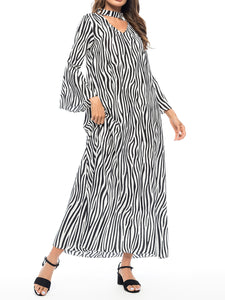 Casual V-Neck Zebra Print Flare Sleeve Dress