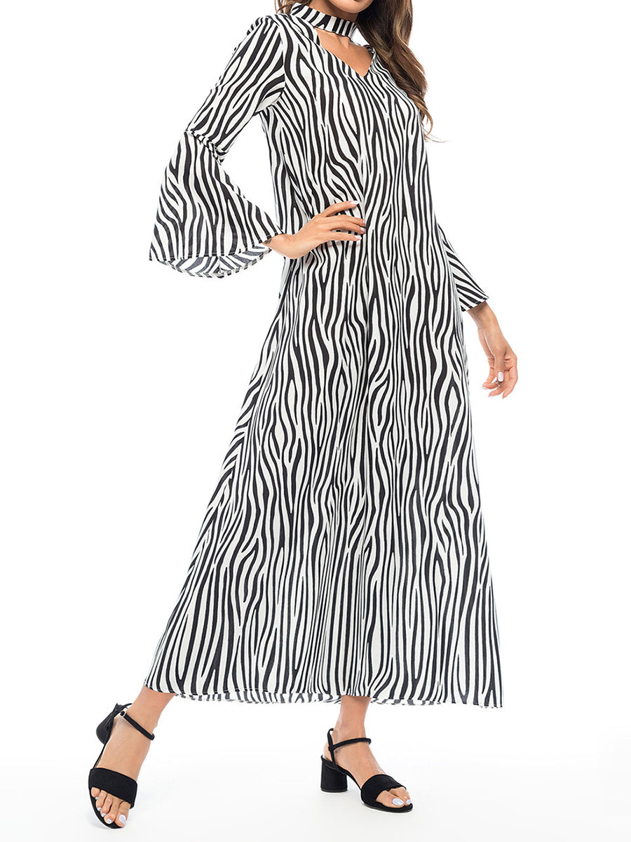 Casual V-Neck Zebra Print Flare Sleeve Dress