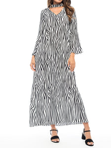 Casual V-Neck Zebra Print Flare Sleeve Dress