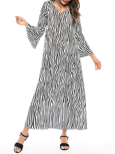 Casual V-Neck Zebra Print Flare Sleeve Dress