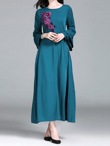 Women'S Round Neck Floral Embroidery Casual Dress