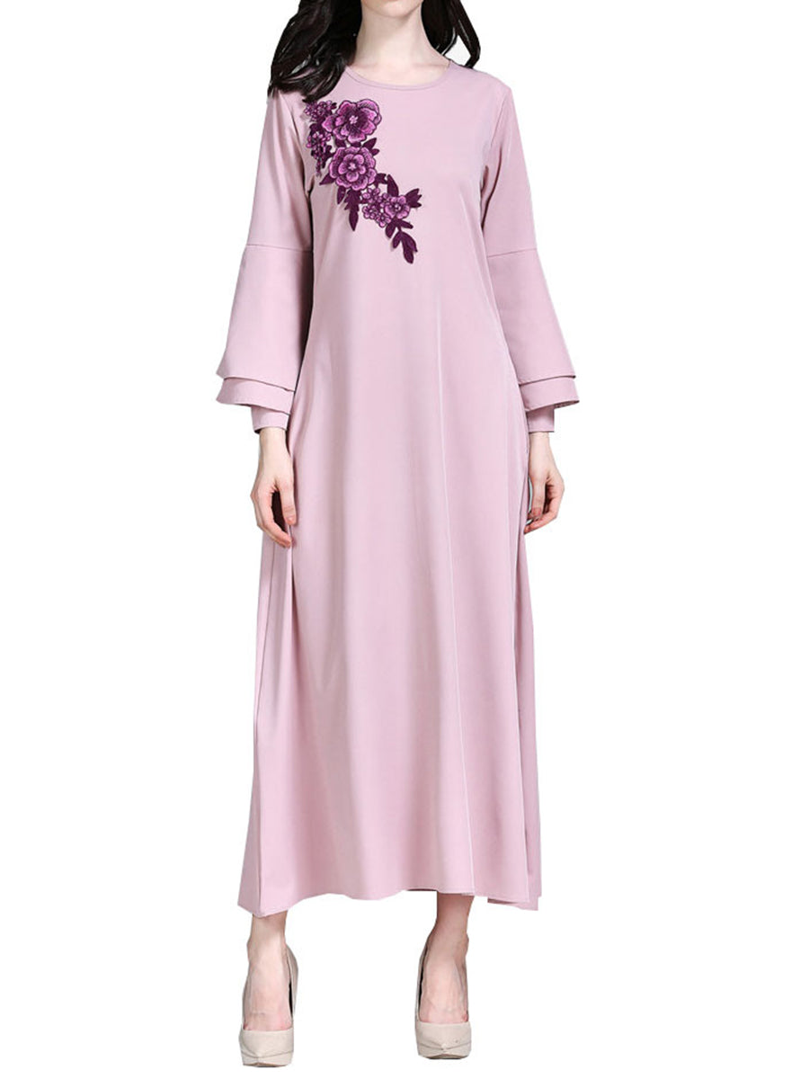 Women'S Round Neck Floral Embroidery Casual Dress