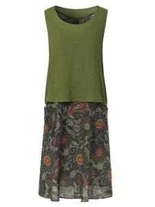 Two-Piece Sleeveless Cotton And Linen Printed Dress