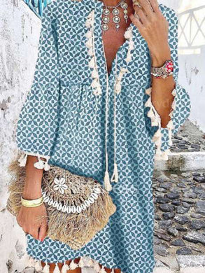 Bohemian Print Fringed Ruffled V-neck Dress