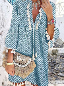 Bohemian Print Fringed Ruffled V-neck Dress