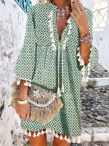 Bohemian Print Fringed Ruffled V-neck Dress