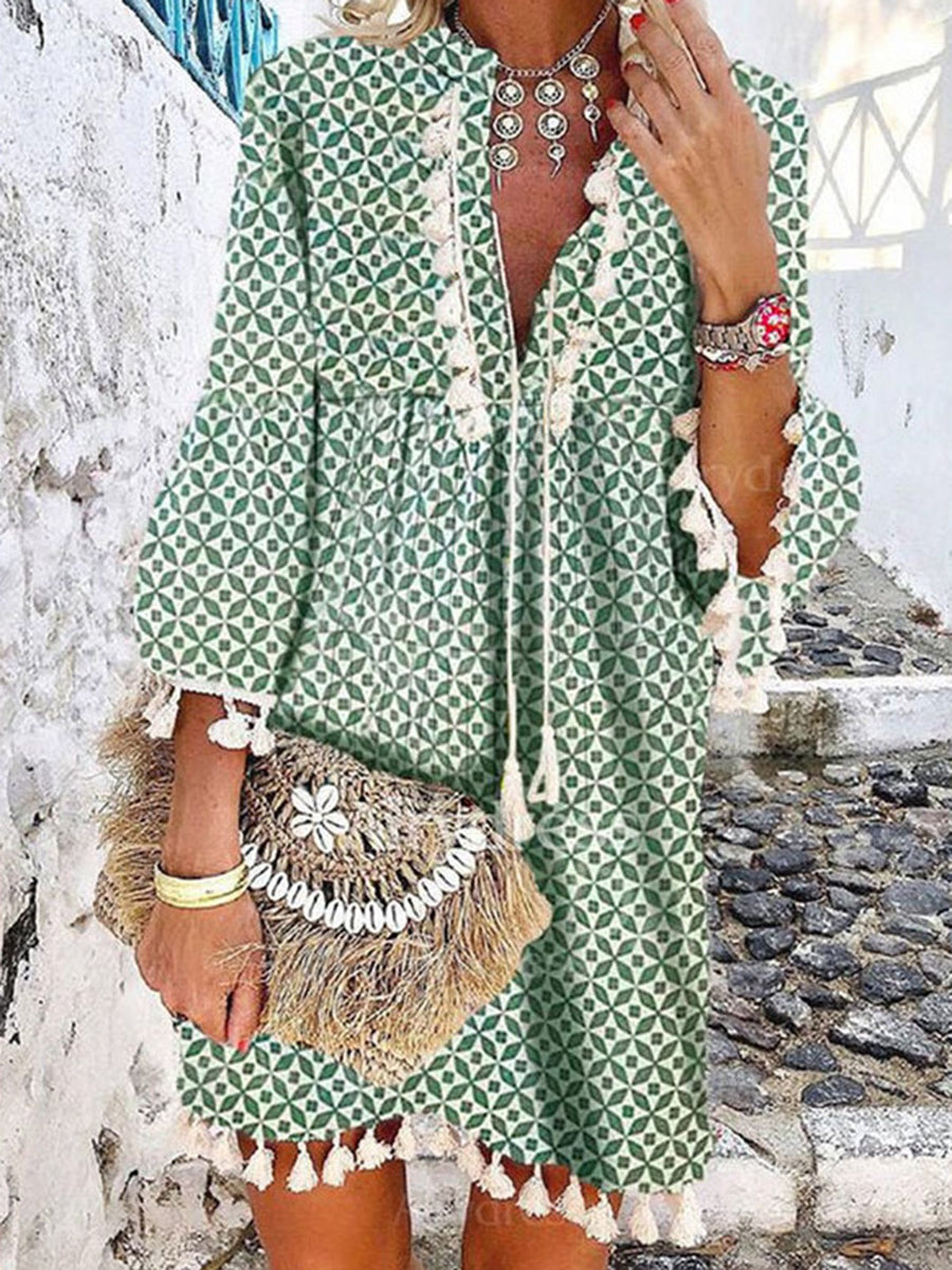 Bohemian Print Fringed Ruffled V-neck Dress