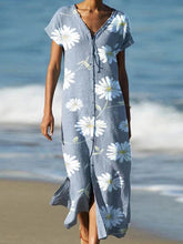 Load image into Gallery viewer, Women Floral V-Neck Daisy Slit Cotton and Linen Maxi Dress