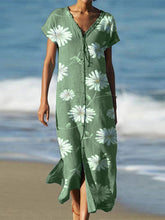 Load image into Gallery viewer, Women Floral V-Neck Daisy Slit Cotton and Linen Maxi Dress