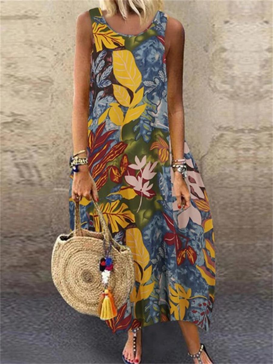 Vintage Print Sleeveless Women'S Dress