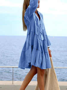 Women Plain Long Sleeves  Loose Cotton and Linen Midi Dress