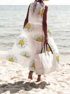 Women Floral Daisy V-Neck Sleeveless Beach Maxi Dress