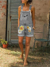 Load image into Gallery viewer, Retro Denim Suspenders Sunflower Print Women's Short Jumpsuit