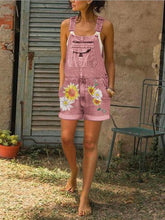Load image into Gallery viewer, Retro Denim Suspenders Sunflower Print Women's Short Jumpsuit