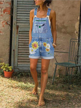 Load image into Gallery viewer, Retro Denim Suspenders Sunflower Print Women's Short Jumpsuit