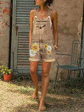 Load image into Gallery viewer, Retro Denim Suspenders Sunflower Print Women's Short Jumpsuit