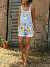 Load image into Gallery viewer, Retro Denim Suspenders Sunflower Print Women's Short Jumpsuit