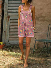 Load image into Gallery viewer, Retro Denim Shorts Small Daisy Print Suspenders Jumpsuit