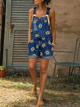 Load image into Gallery viewer, Retro Denim Shorts Small Daisy Print Suspenders Jumpsuit