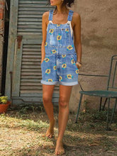 Load image into Gallery viewer, Retro Denim Shorts Small Daisy Print Suspenders Jumpsuit