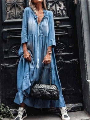 Women Plain 3/4 Sleeve Soft Denim Maxi Dress