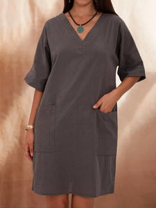 Cotton And Linen Loose V-Neck Women'S Dress