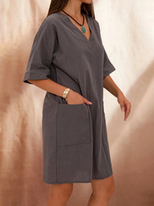 Cotton And Linen Loose V-Neck Women'S Dress