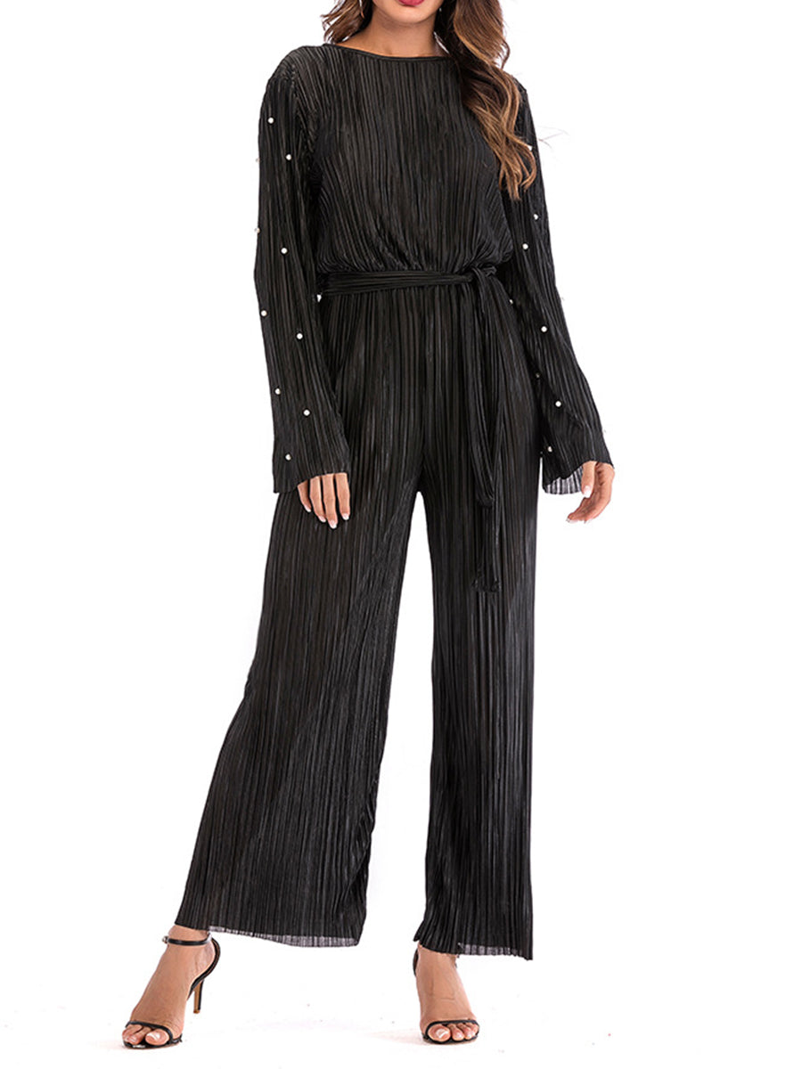 Pleated Beaded Flared Sleeve Loose Jumpsuit Women Suit